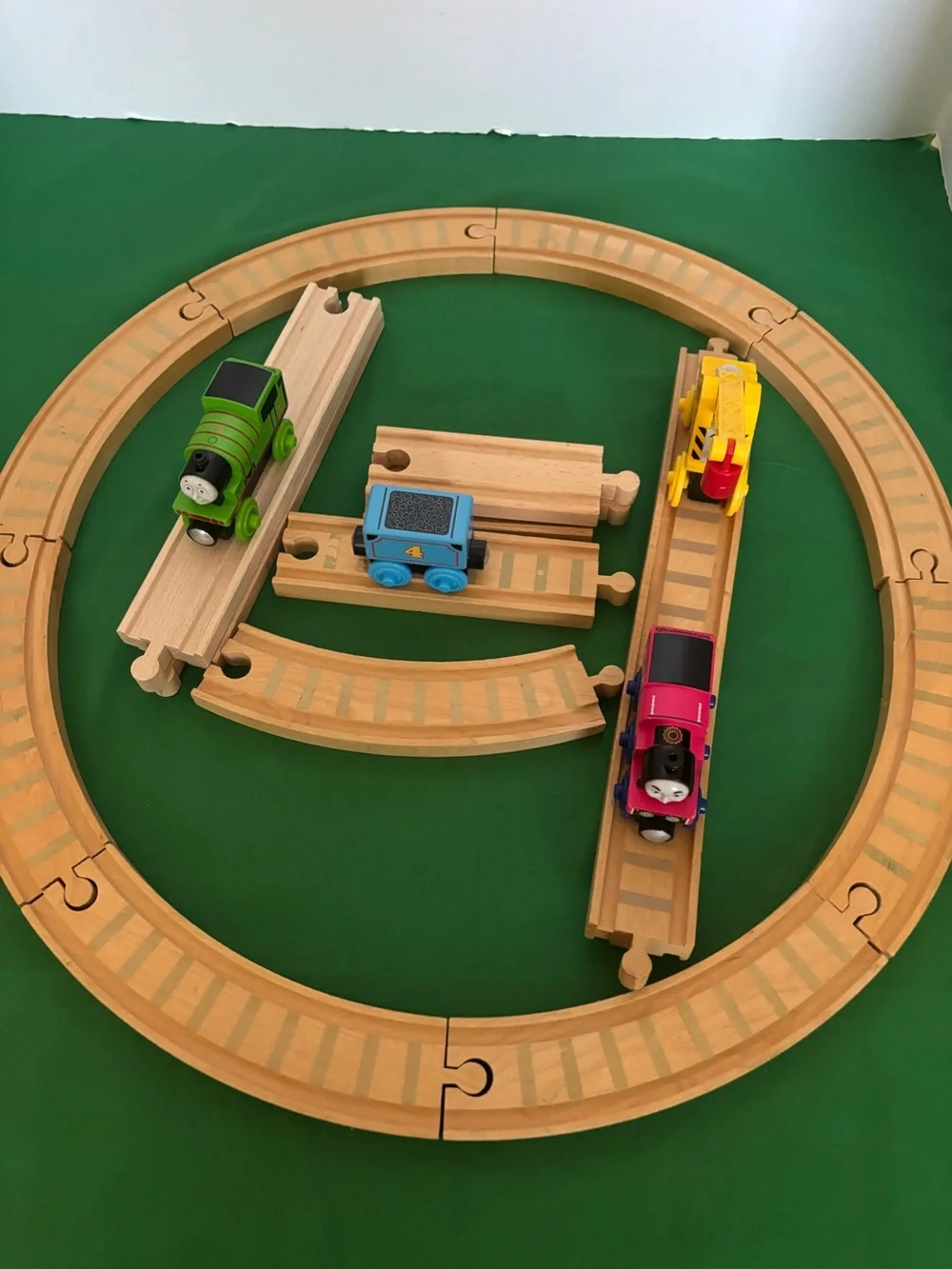 Thomas Wooden Train Set with Green, Blue, Pink & Yellow Engines